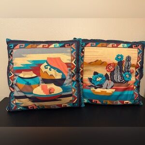 Vintage Aztec Southwest VIP Cranston Cactus & Pottery Pillows Set of 2 16”x16”